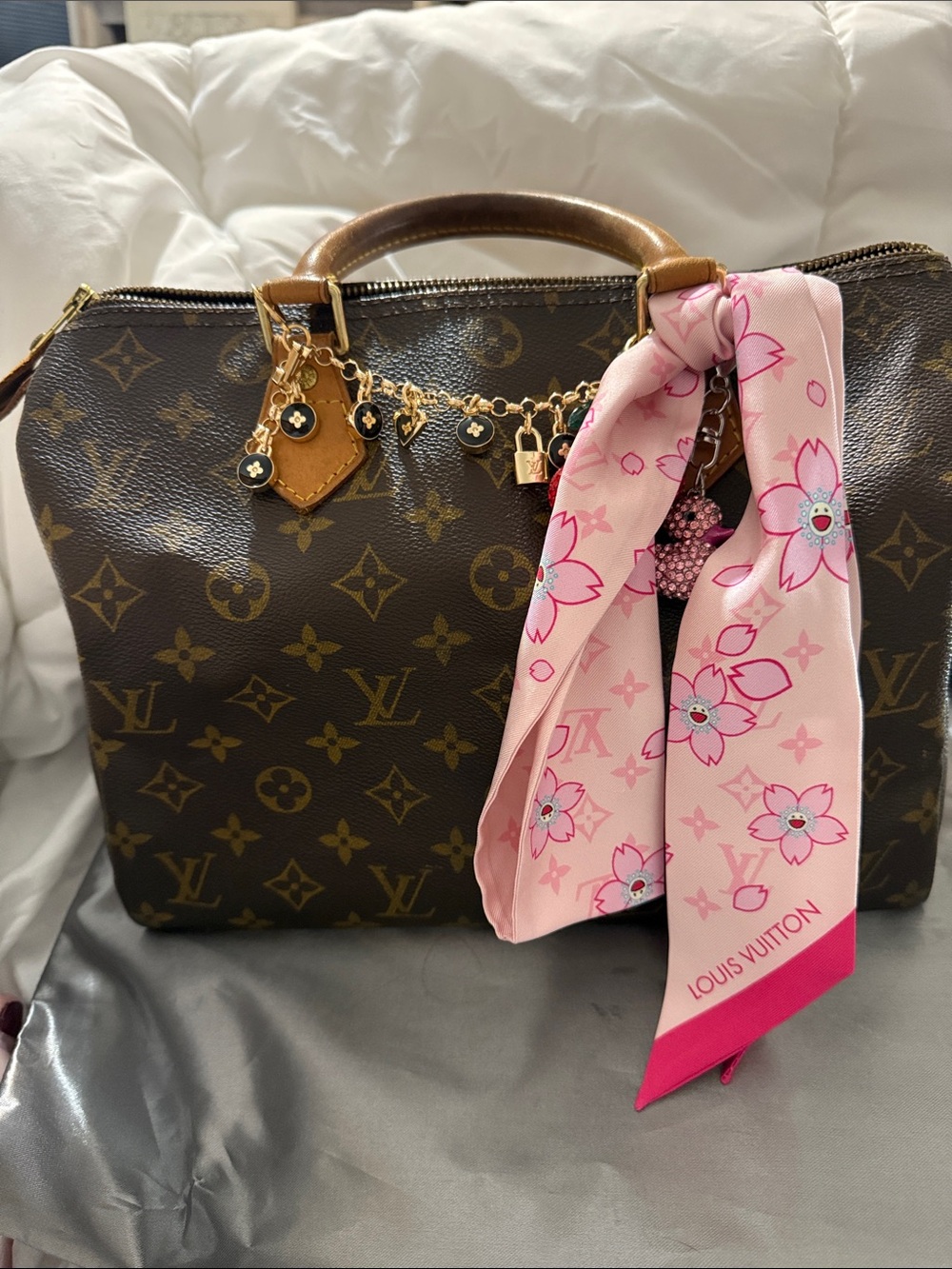 Louis Vuitton Mono Vintage Speedy 30 w COA with unbranded charms and twilly.